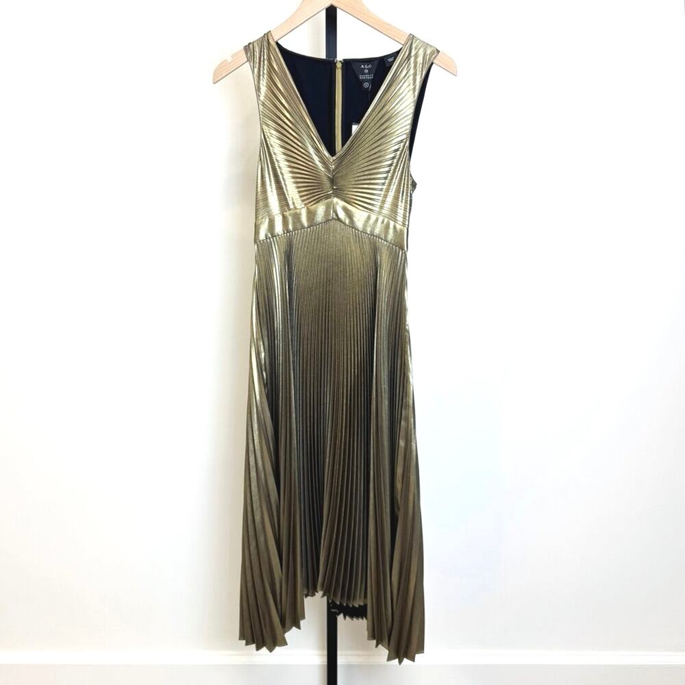A.L.C. Gold Pleated V-neck Sleeveless Midi Dress 0 NEW Metallic Polyester Zip